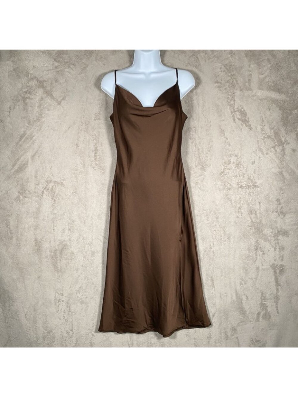 Windsor Satin Cowl Neck Midi Slip Dress M Chocolate Brown Slit Spaghetti Strap - Picture 2 of 15